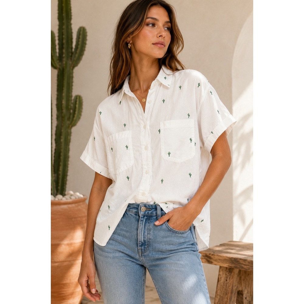Madewell White Cactus Embroidered Button Down Shirt Western Coastal Cowgirl XS